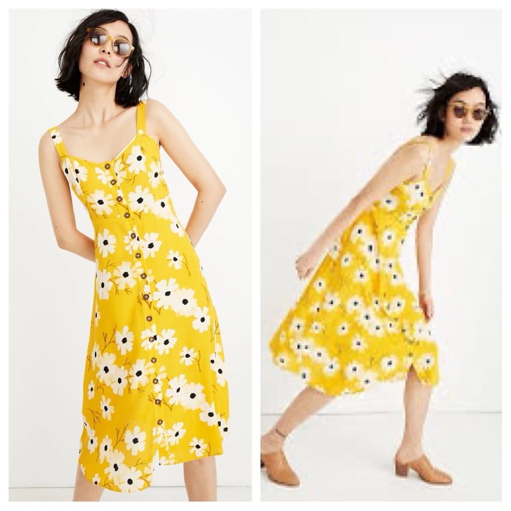 Madewell Yellow Gold Button-Front Midi Boho Dress in Ikat Floral sz 4